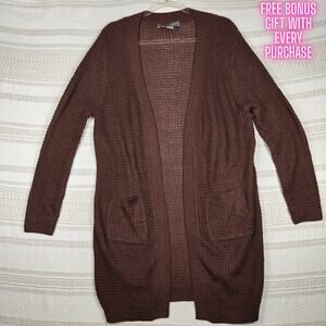 Lark + Grey Brown Open Front Knit Cardigan Pockets Petite L NEW